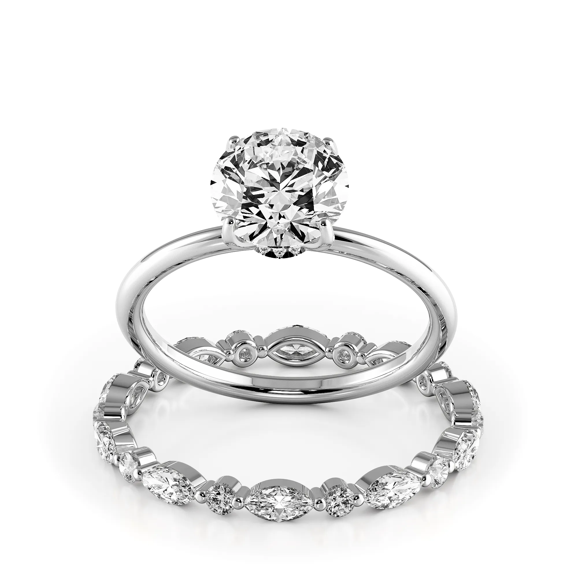 Round Brilliant Hidden Halo Engagement Ring Bridal Set - 401
