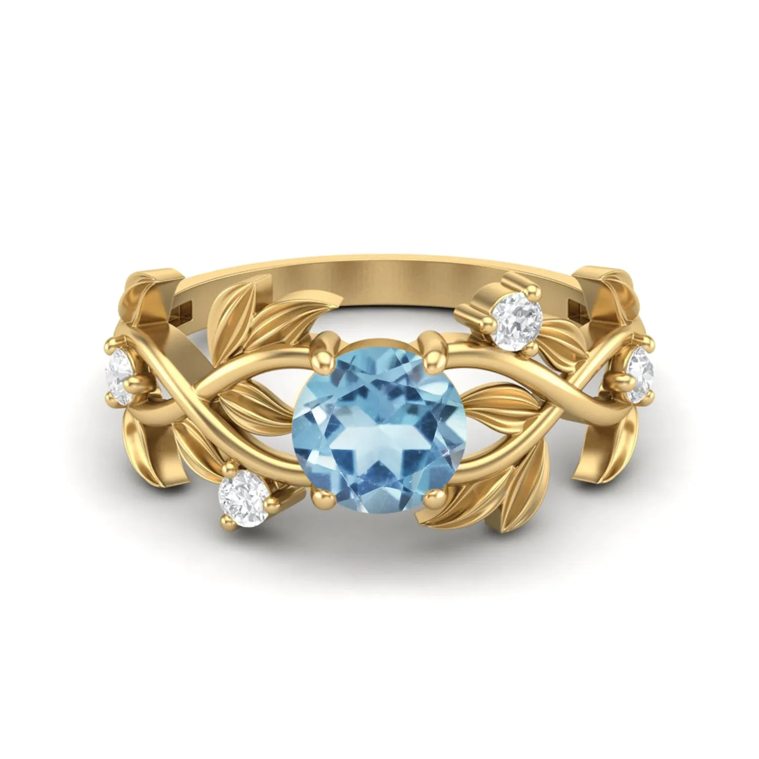 Round Shaped Leaf Style Blue Topaz Engagement Ring 925 Sterling Silver Bridal Ring