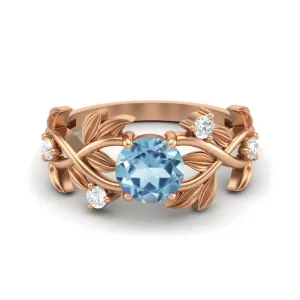 Round Shaped Leaf Style Blue Topaz Engagement Ring 925 Sterling Silver Bridal Ring