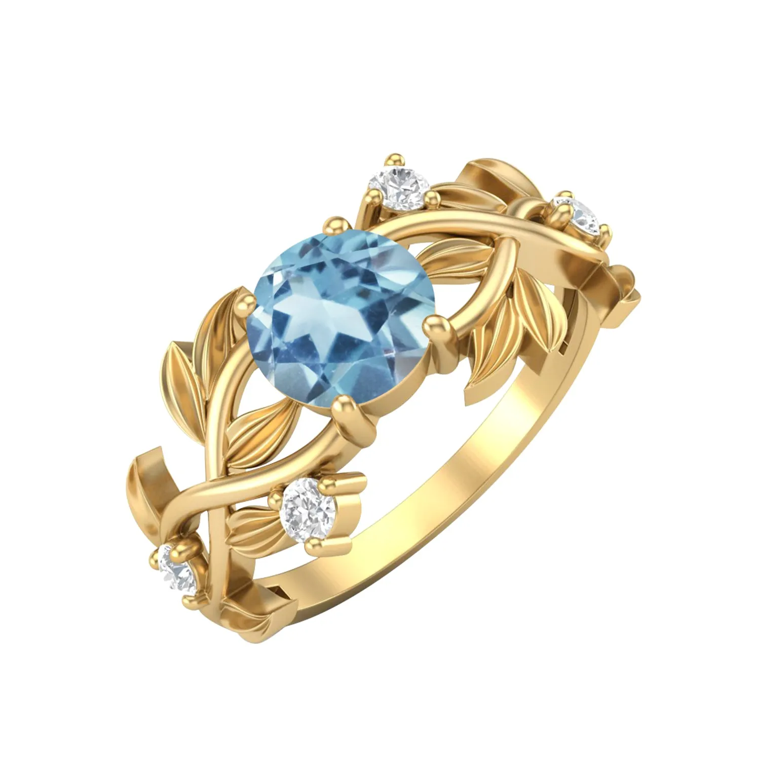 Round Shaped Leaf Style Blue Topaz Engagement Ring 925 Sterling Silver Bridal Ring