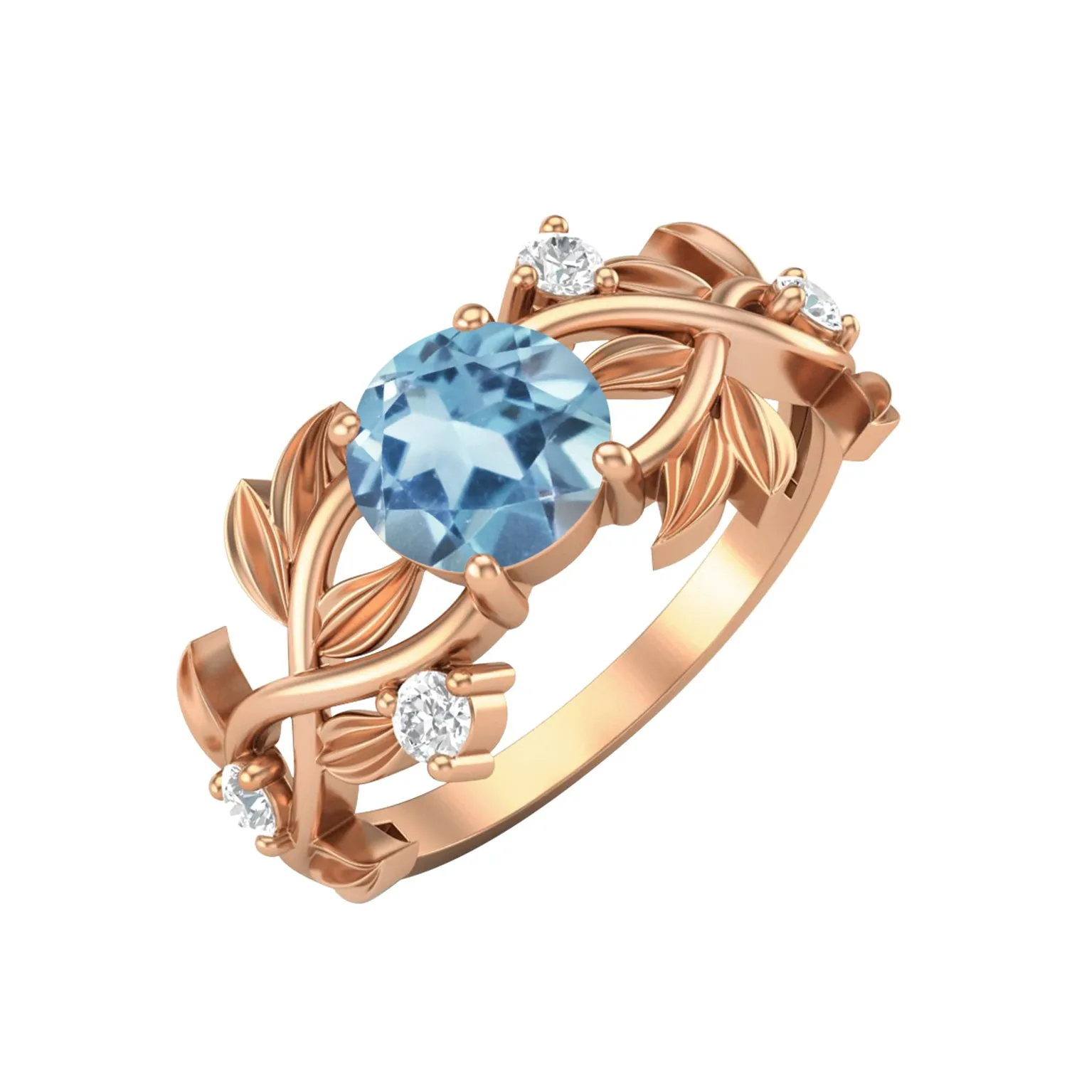 Round Shaped Leaf Style Blue Topaz Engagement Ring 925 Sterling Silver Bridal Ring