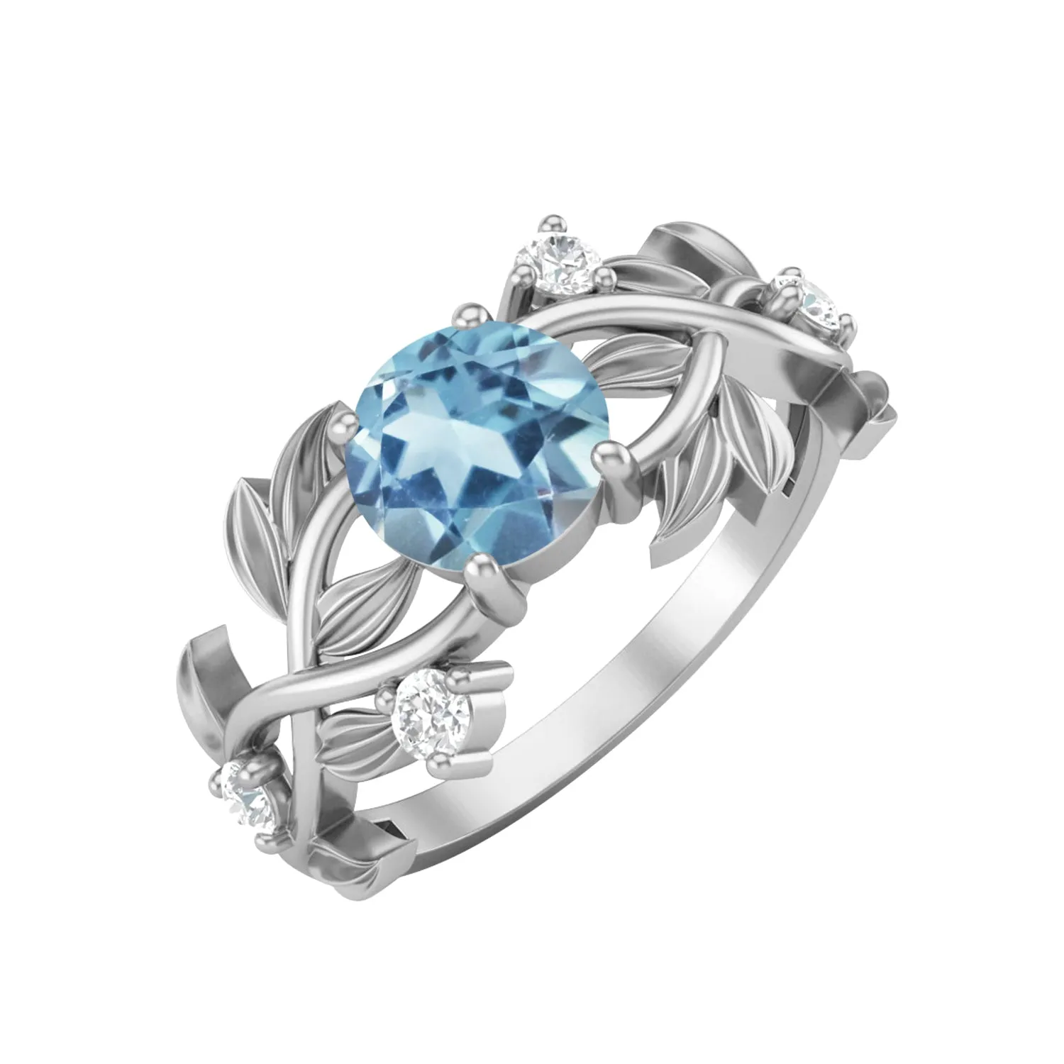 Round Shaped Leaf Style Blue Topaz Engagement Ring 925 Sterling Silver Bridal Ring