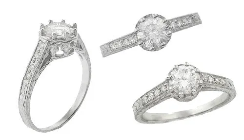 Royal Crown 3/4 Carat Engraved Art Deco Vintage Inspired Platinum Engagement Ring Setting