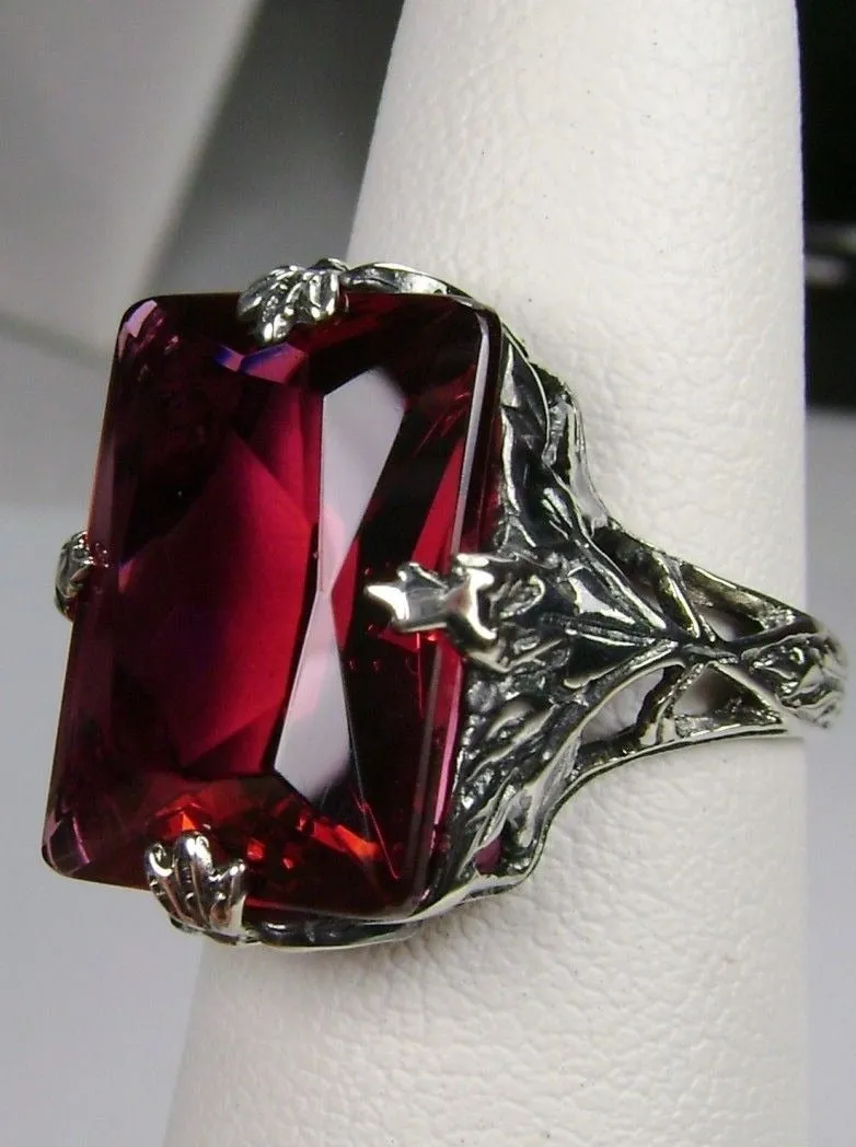 Ruby Ring, Size 7, Art Deco 1930s Leaf and Floral Filigree Jewelry, D15 - Ready to Ship