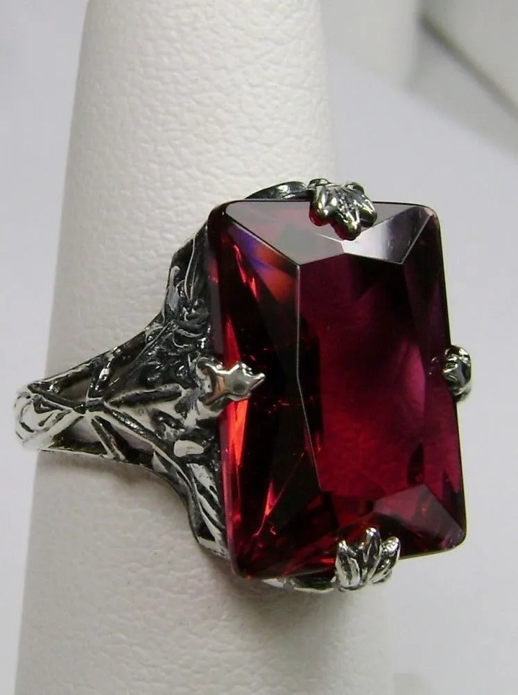 Ruby Ring, Size 7, Art Deco 1930s Leaf and Floral Filigree Jewelry, D15 - Ready to Ship