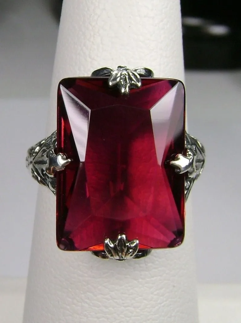Ruby Ring, Size 7, Art Deco 1930s Leaf and Floral Filigree Jewelry, D15 - Ready to Ship