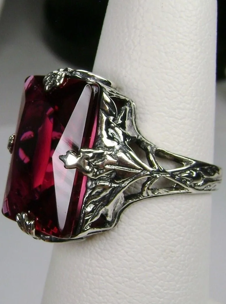 Ruby Ring, Size 7, Art Deco 1930s Leaf and Floral Filigree Jewelry, D15 - Ready to Ship