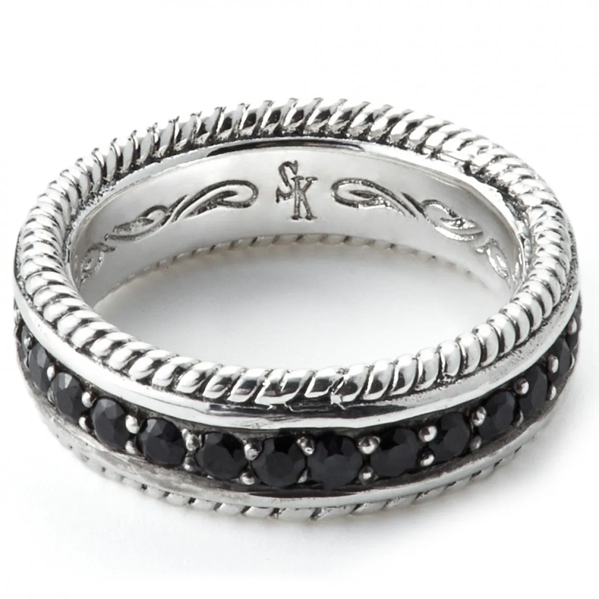 Scott Kay Unkaged Black Sterling Silver Sapphire Ring Framed Rope Design 8.25mm