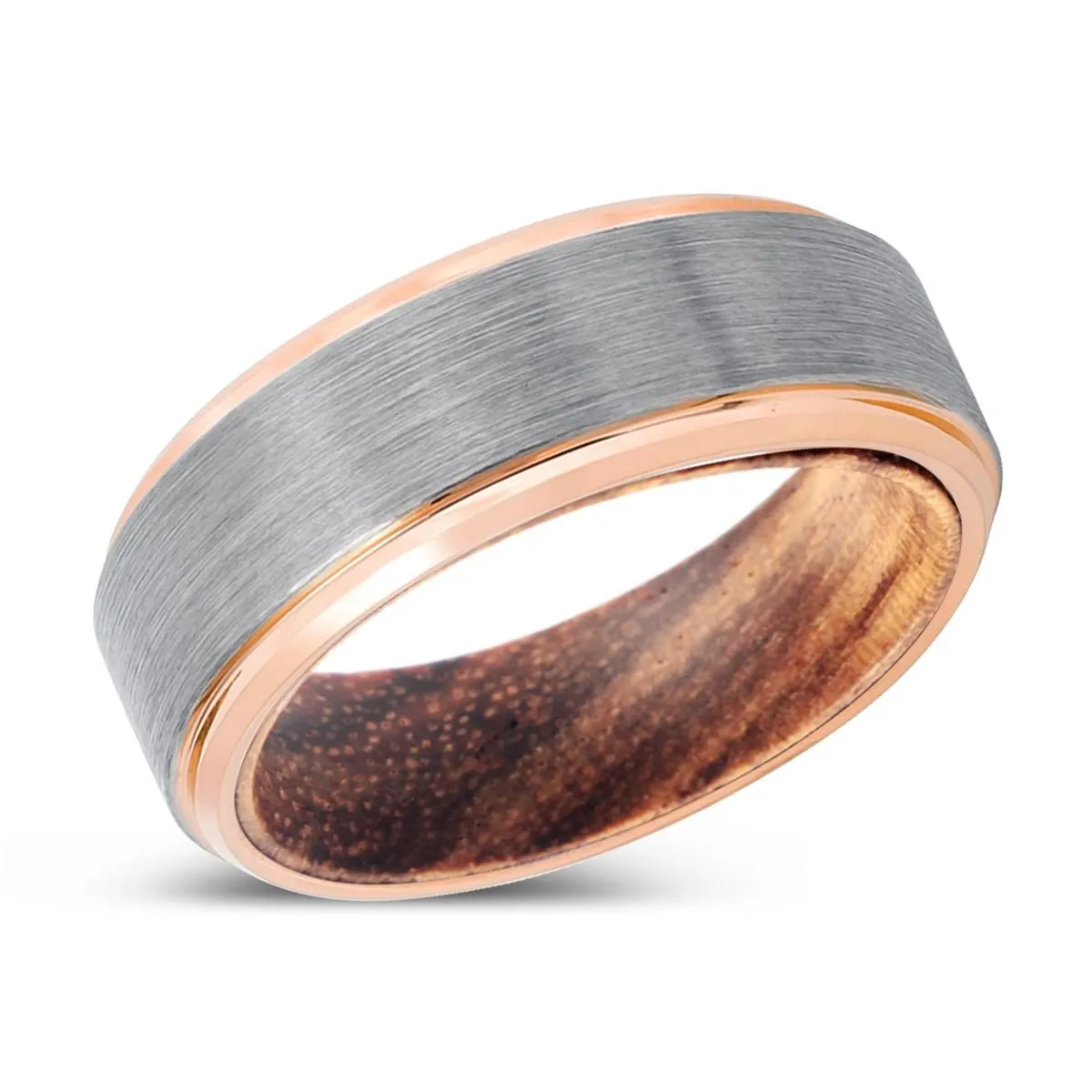 SKELT | Zebra Wood, Silver Tungsten Ring, Brushed, Rose Gold Stepped Edge