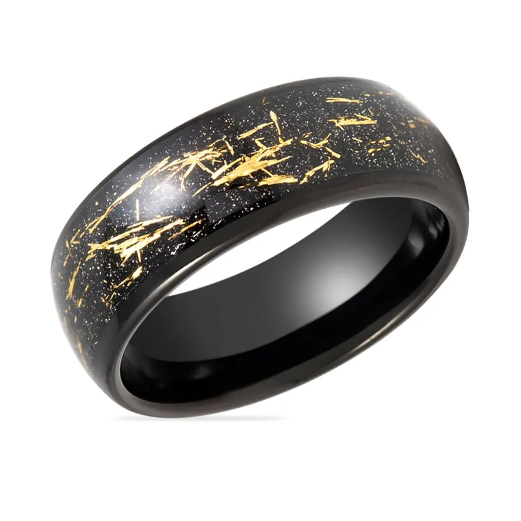 SLICK | Black Tungsten Ring, Black/Yellow Imitation Meteorite, Domed