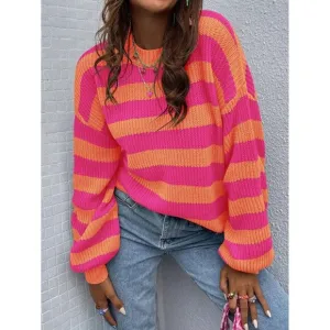 soft knit crew neck preppy striped sweater orange pink