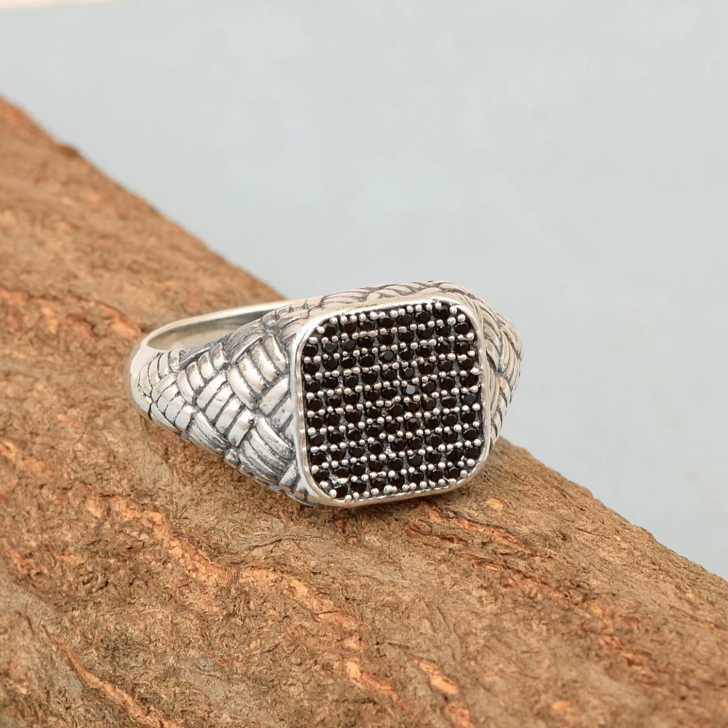Solid 925 Sterling Silver Round Black Spinel Men's Signet Ring