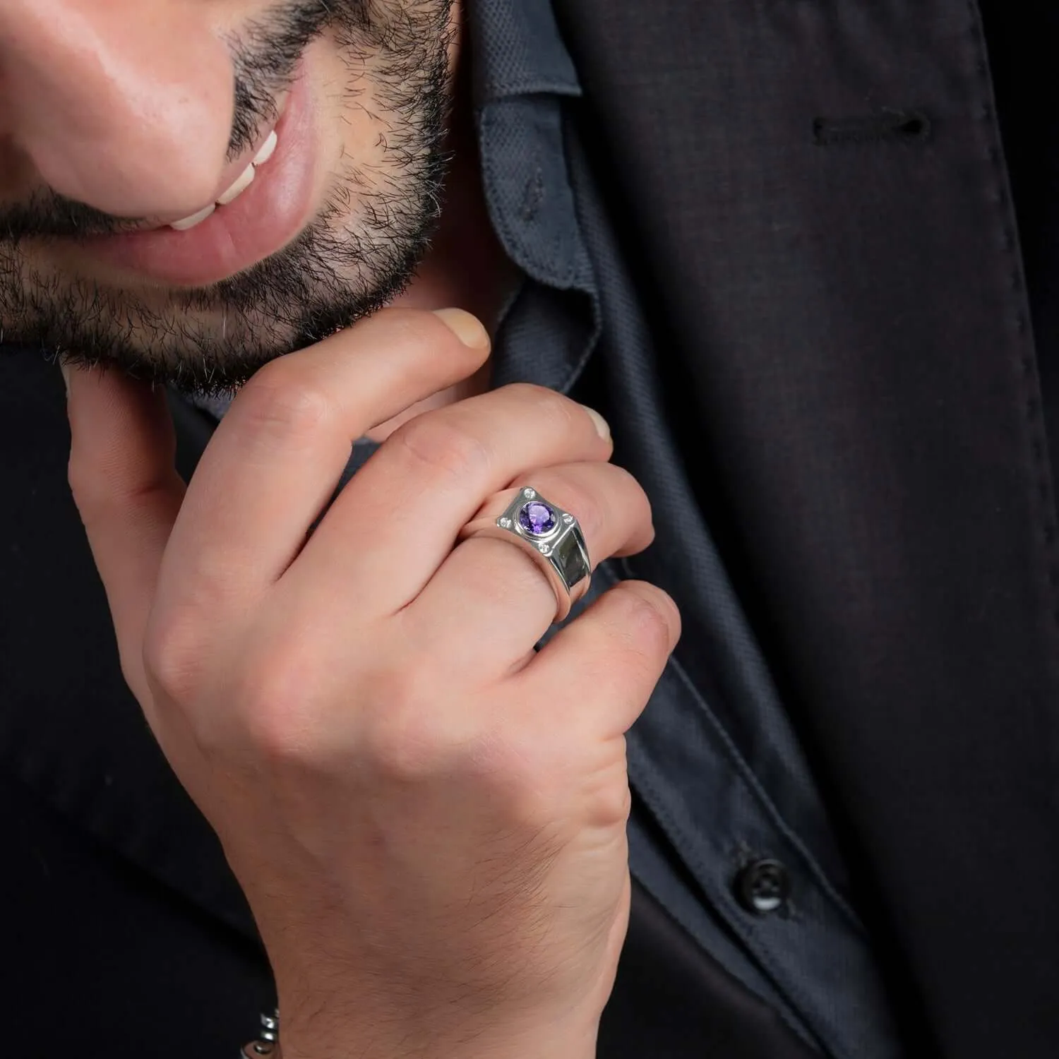 Solid Silver Men's Wide Ring with 0.12ct Genuine Diamonds & Gem