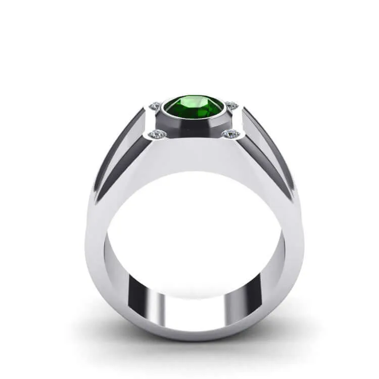 Solid Silver Men's Wide Ring with 0.12ct Genuine Diamonds & Gem