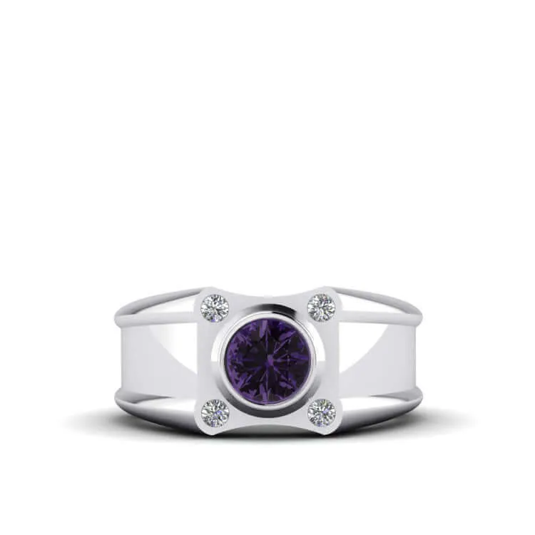 Solid Silver Men's Wide Ring with 0.12ct Genuine Diamonds & Gem
