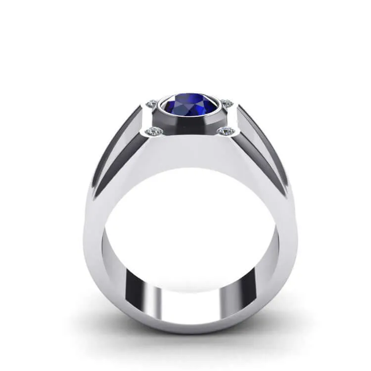 Solid Silver Men's Wide Ring with 0.12ct Genuine Diamonds & Gem