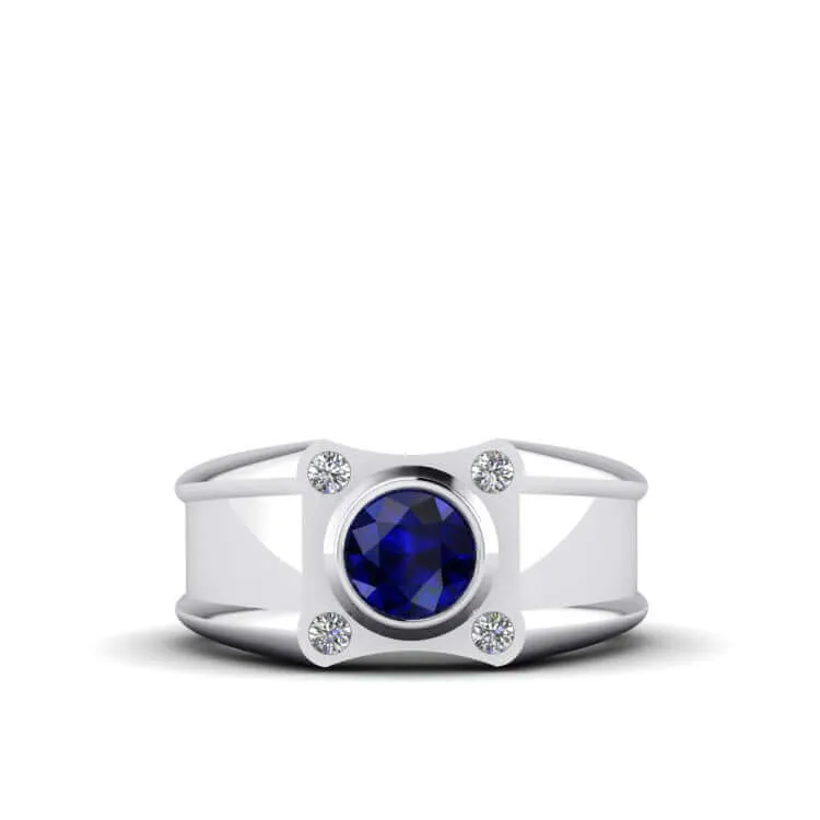 Solid Silver Men's Wide Ring with 0.12ct Genuine Diamonds & Gem