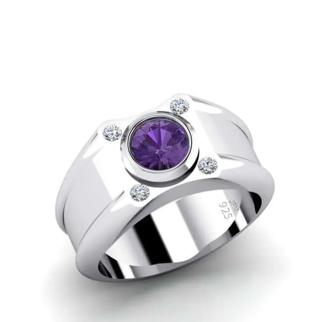 Solid Silver Men's Wide Ring with 0.12ct Genuine Diamonds & Gem