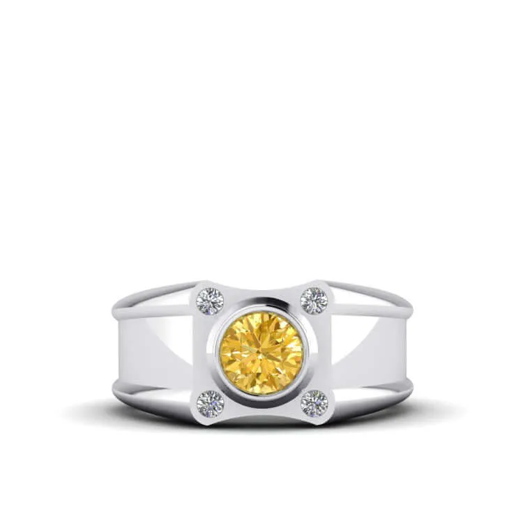 Solid Silver Men's Wide Ring with 0.12ct Genuine Diamonds & Gem