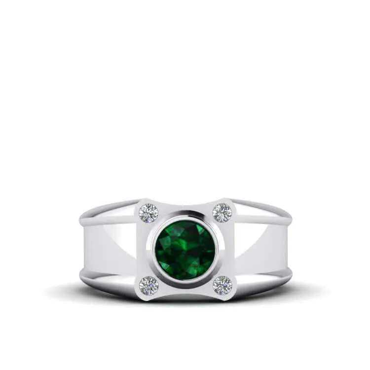 Solid Silver Men's Wide Ring with 0.12ct Genuine Diamonds & Gem