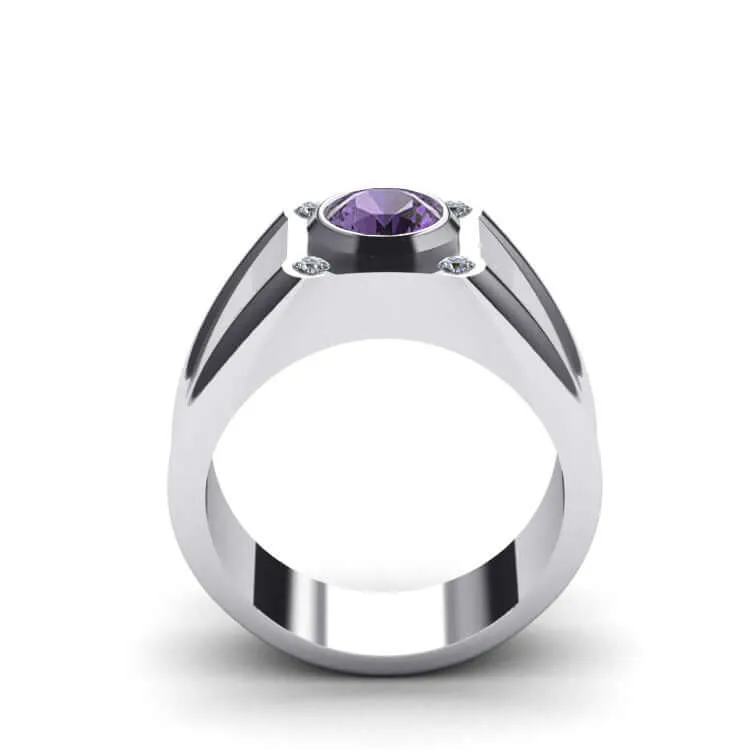 Solid Silver Men's Wide Ring with 0.12ct Genuine Diamonds & Gem