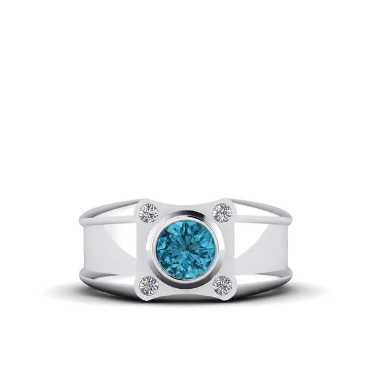 Solid Silver Men's Wide Ring with 0.12ct Genuine Diamonds & Gem