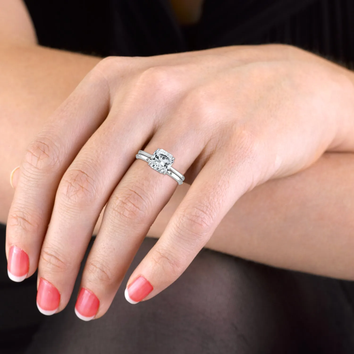 Square Radiant Cut Hidden Halo Cathedral Engagement Ring Bridal Set - 643