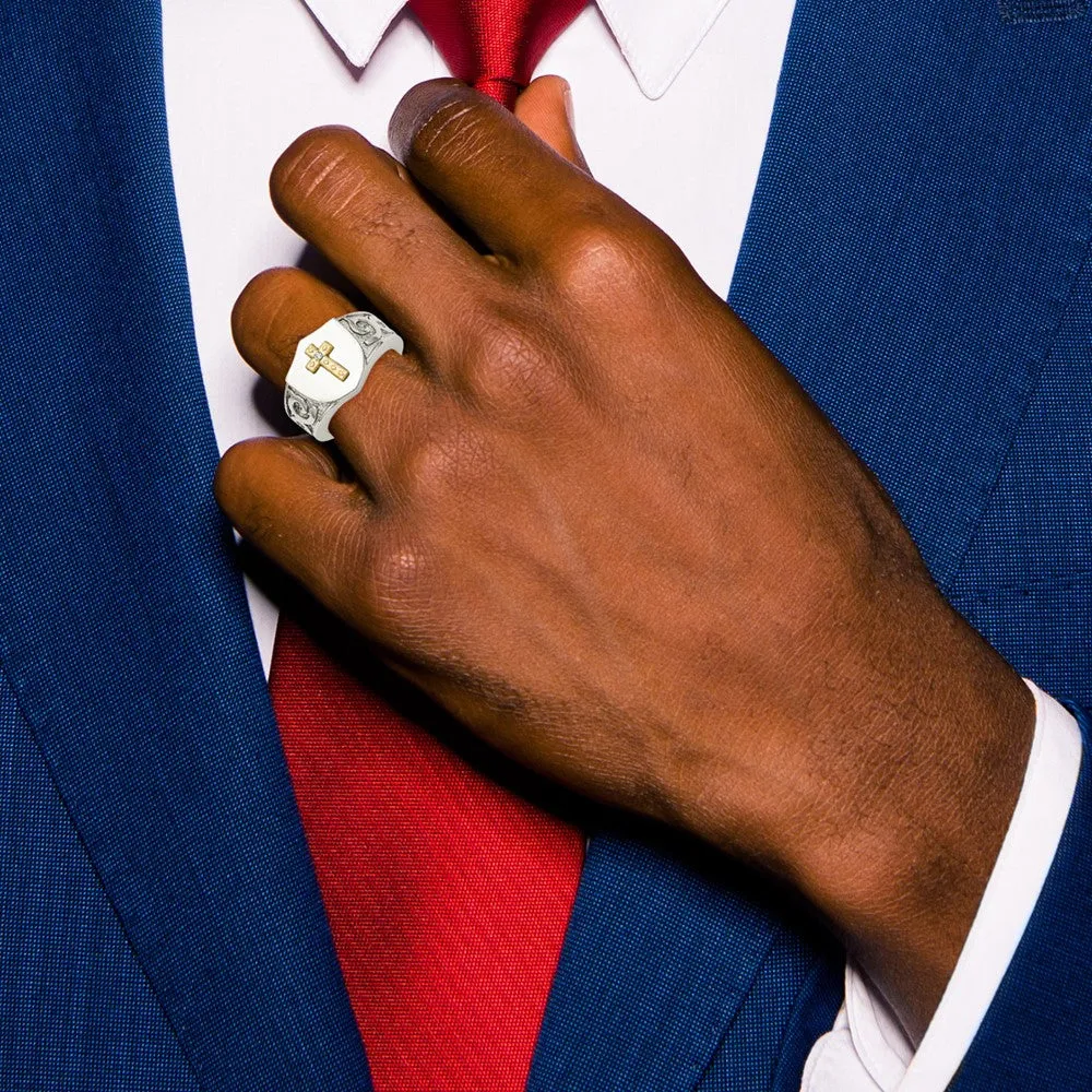 Stainless Steel Polished w/10K Gold Cross and .02ct Diamond Ring