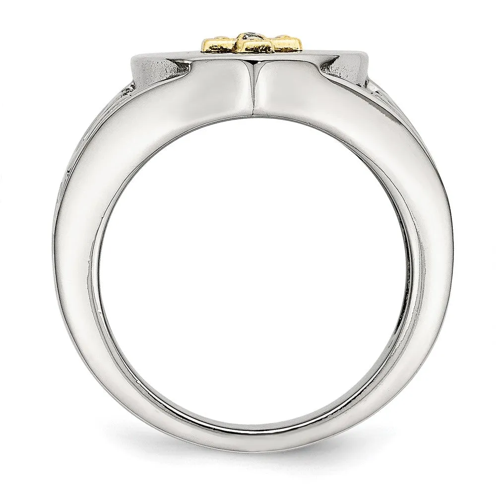 Stainless Steel Polished w/10K Gold Cross and .02ct Diamond Ring