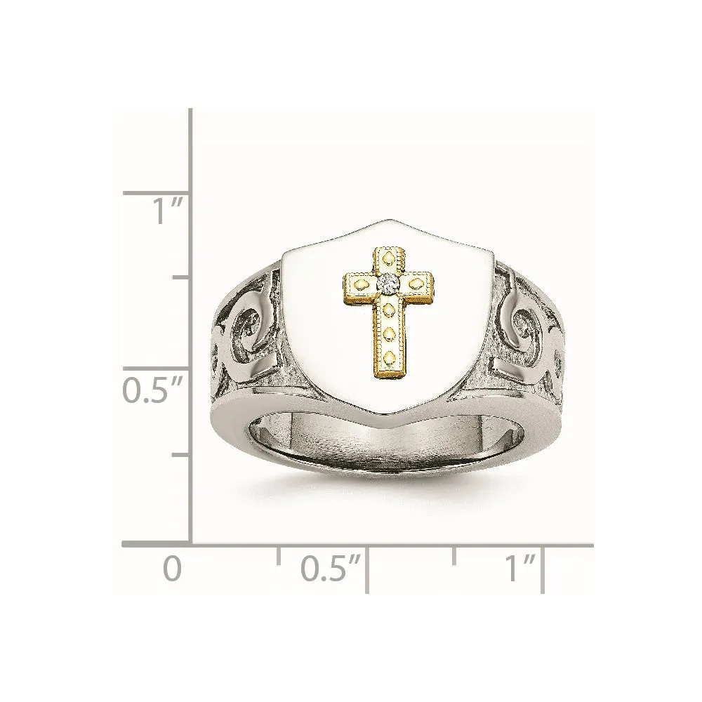 Stainless Steel Polished w/10K Gold Cross and .02ct Diamond Ring