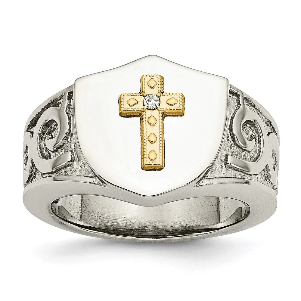 Stainless Steel Polished w/10K Gold Cross and .02ct Diamond Ring