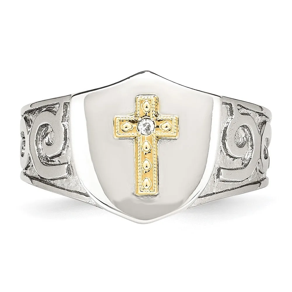 Stainless Steel Polished w/10K Gold Cross and .02ct Diamond Ring