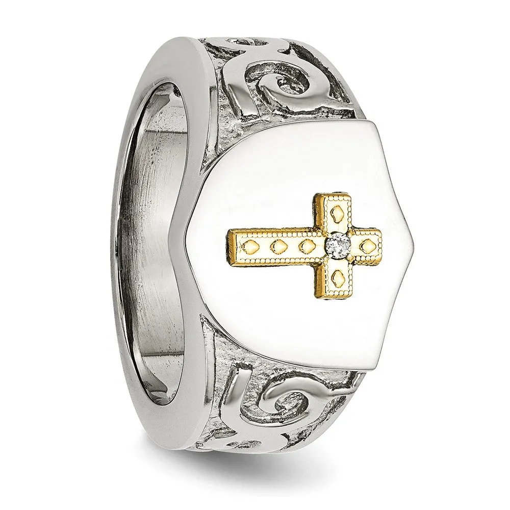 Stainless Steel Polished w/10K Gold Cross and .02ct Diamond Ring