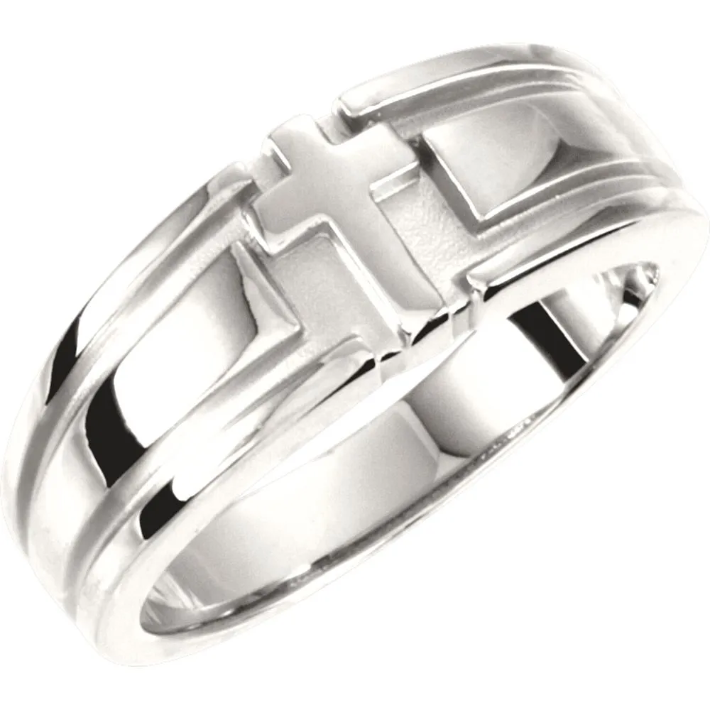 Sterling Silver Gents Religious Cross Duo Band, Size 11
