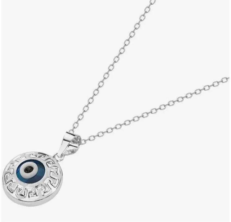 Sterling Silver Greek Key Dark Blue Glass Two-sided Evil Eye Pendants Charms