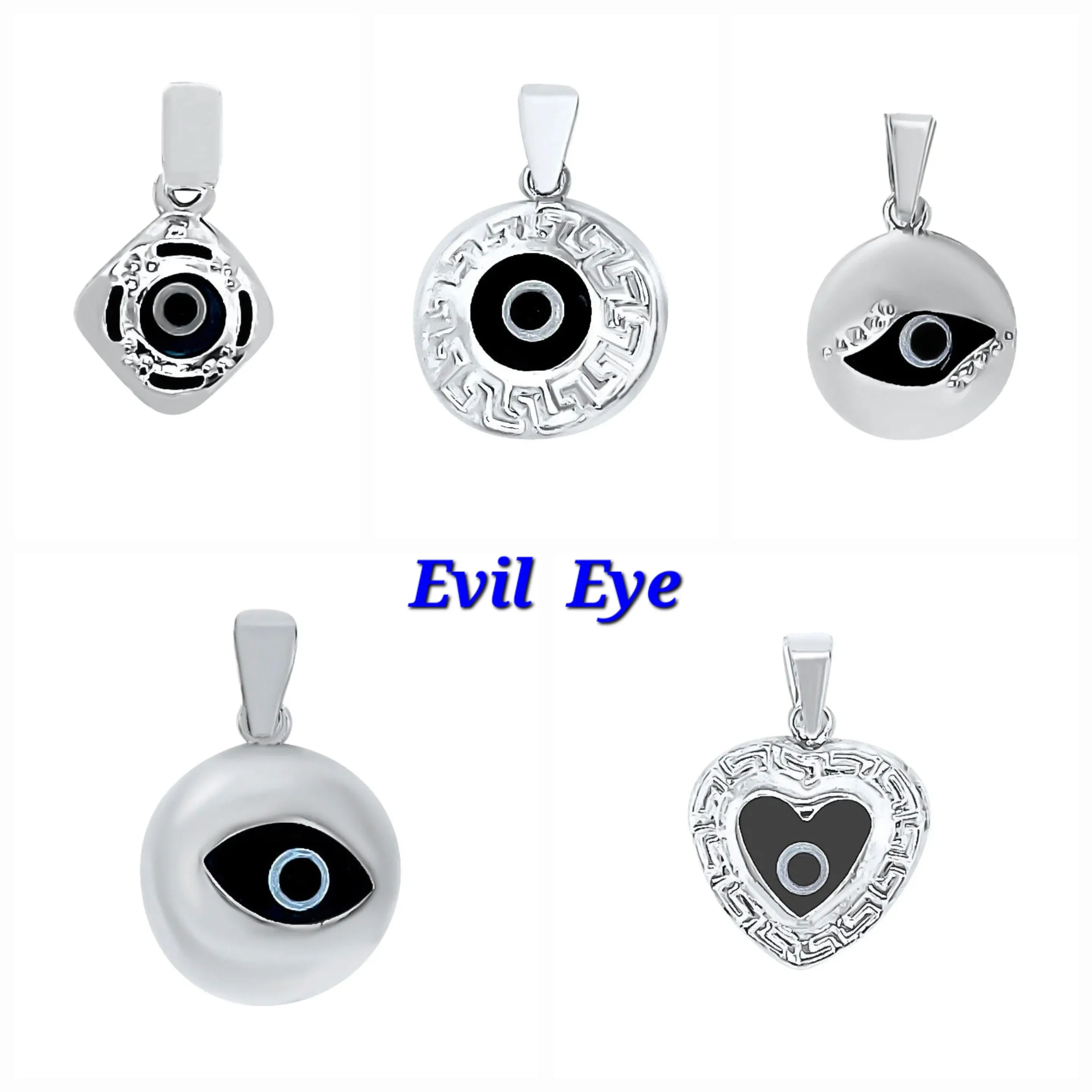 Sterling Silver Greek Key Dark Blue Glass Two-sided Evil Eye Pendants Charms