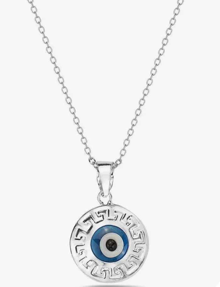 Sterling Silver Greek Key Dark Blue Glass Two-sided Evil Eye Pendants Charms