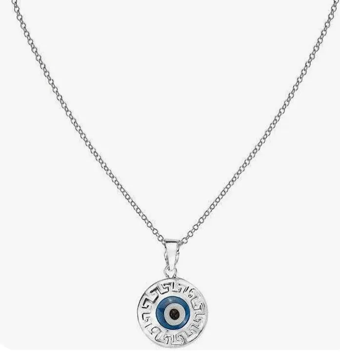 Sterling Silver Greek Key Dark Blue Glass Two-sided Evil Eye Pendants Charms
