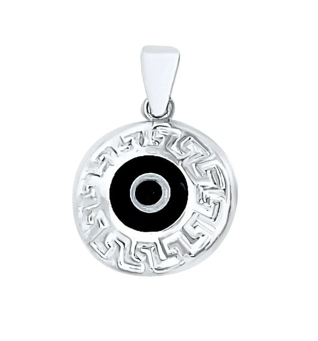 Sterling Silver Greek Key Dark Blue Glass Two-sided Evil Eye Pendants Charms