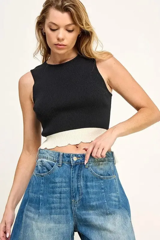 STRETCH CONTRAST SLEEVELESS SWEATER TOP