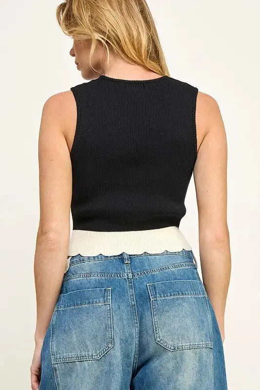 STRETCH CONTRAST SLEEVELESS SWEATER TOP