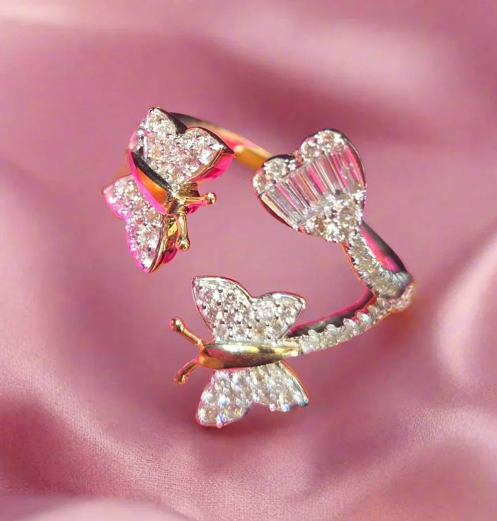 Stylish Gold Butterfly Diamond Bangle Ring - RP20913