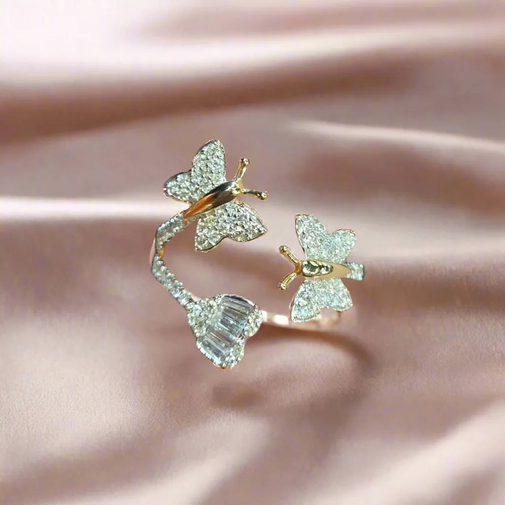 Stylish Gold Butterfly Diamond Bangle Ring - RP20913