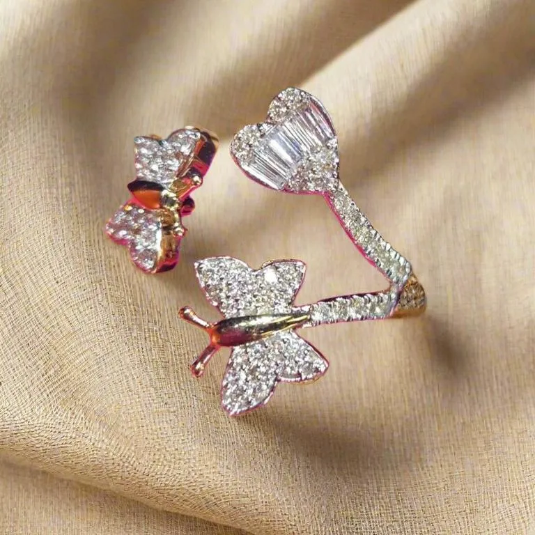 Stylish Gold Butterfly Diamond Bangle Ring - RP20913