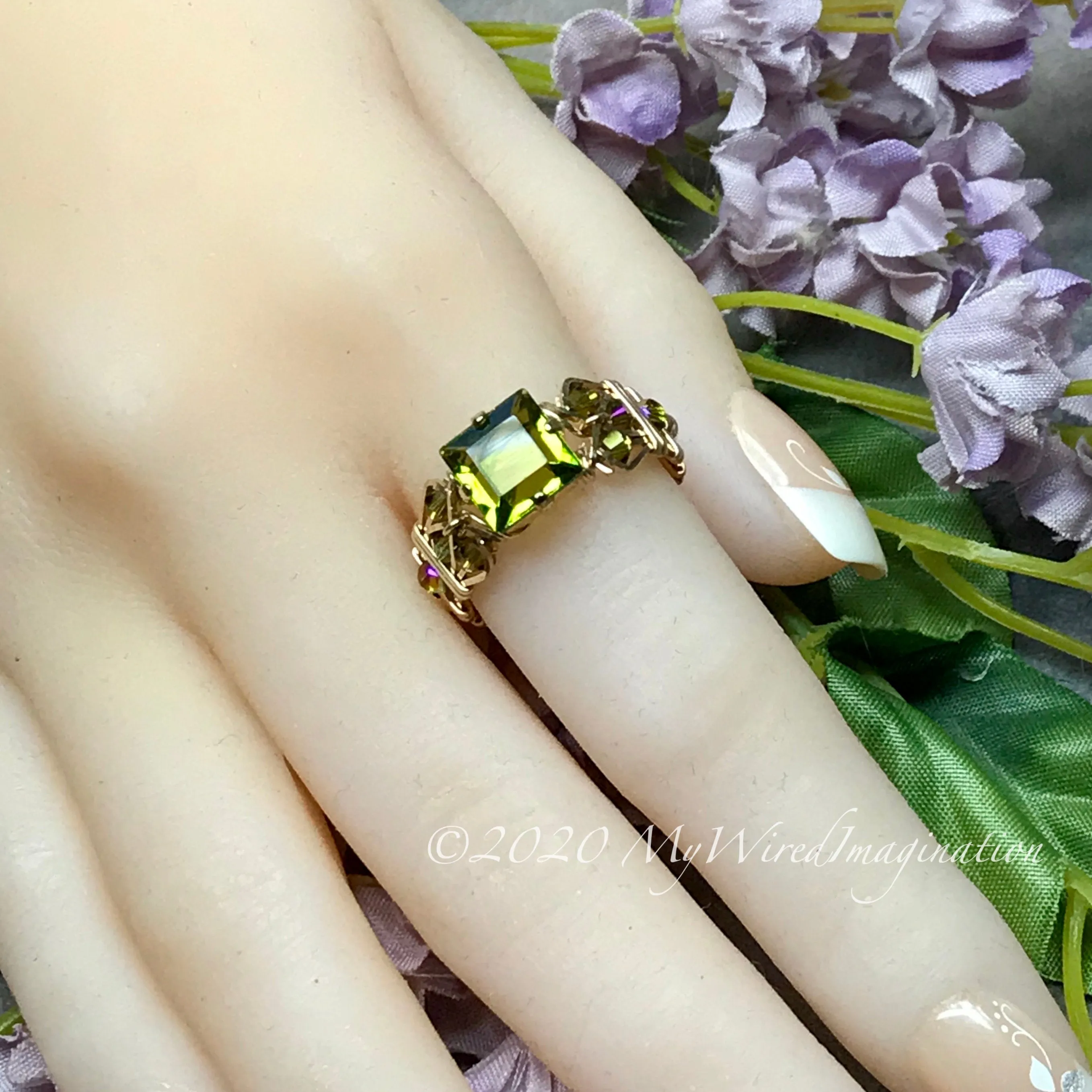Swarovski Olivine 8mm Square, Handmade Crystal Ring, Dark Olive Green, 14K GF US Size 7.5
