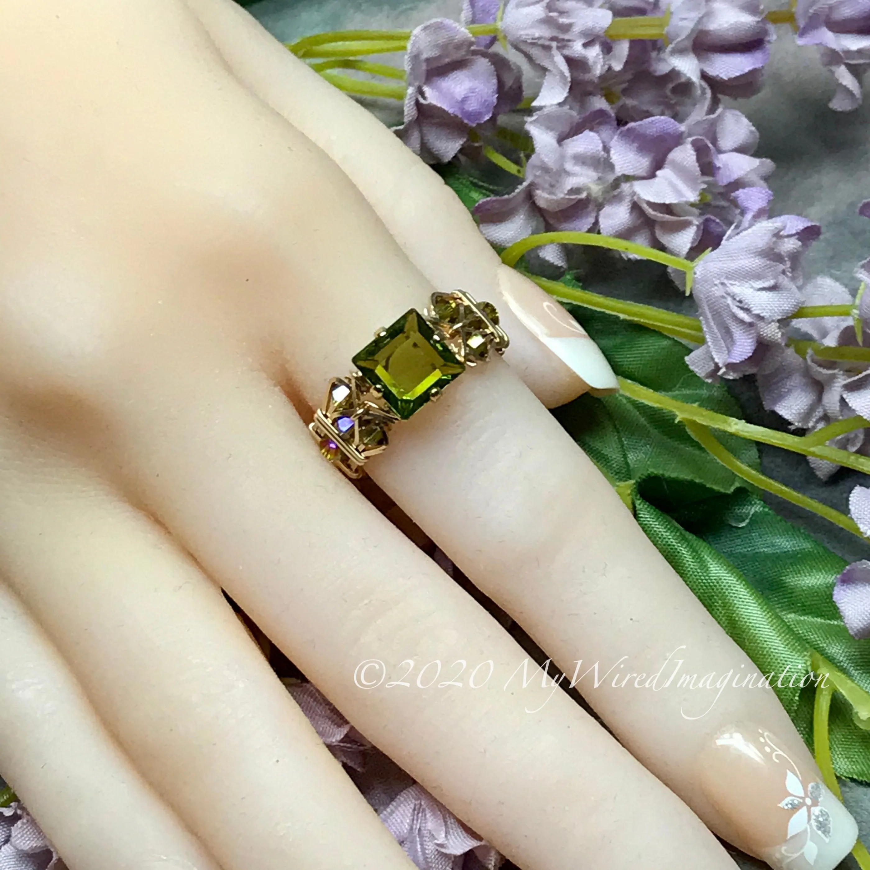 Swarovski Olivine 8mm Square, Handmade Crystal Ring, Dark Olive Green, 14K GF US Size 7.5