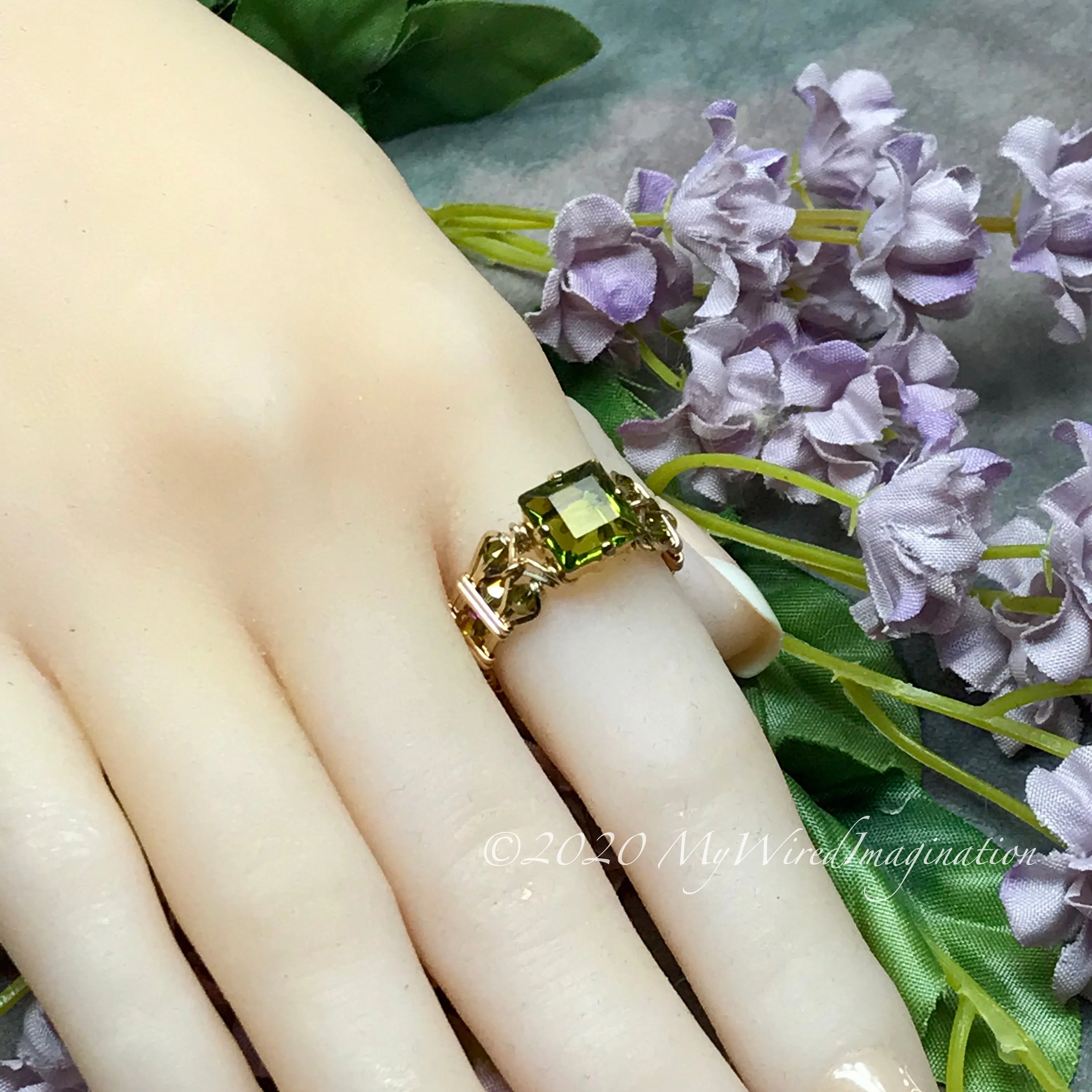 Swarovski Olivine 8mm Square, Handmade Crystal Ring, Dark Olive Green, 14K GF US Size 7.5