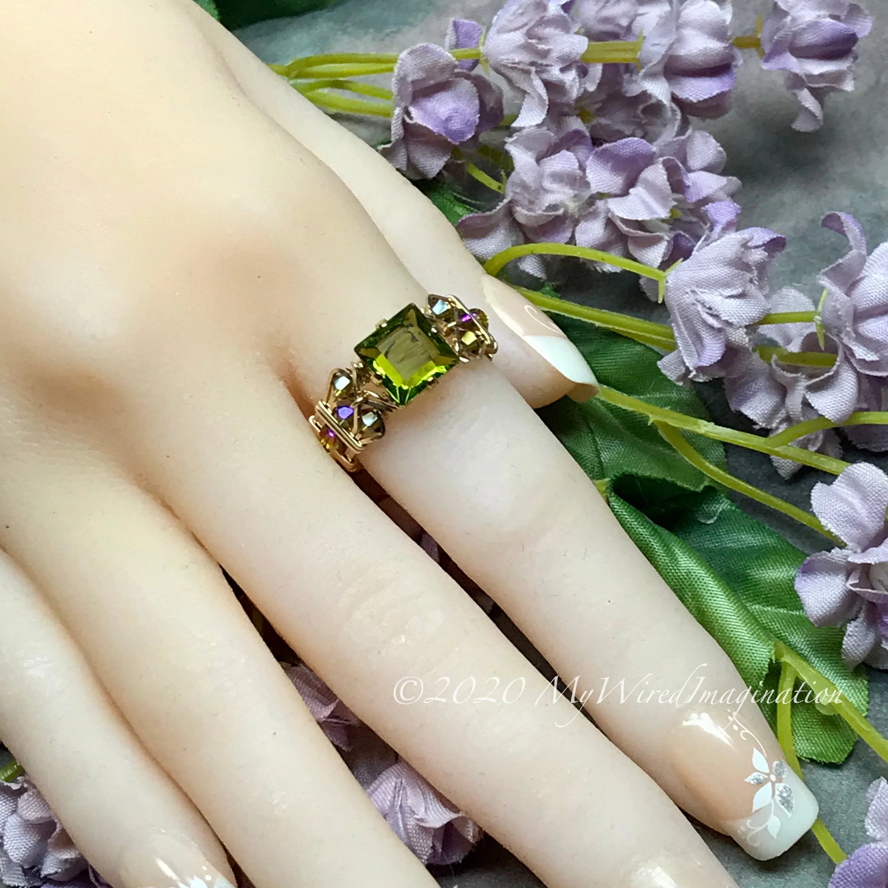 Swarovski Olivine 8mm Square, Handmade Crystal Ring, Dark Olive Green, 14K GF US Size 7.5