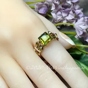 Swarovski Olivine 8mm Square, Handmade Crystal Ring, Dark Olive Green, 14K GF US Size 7.5