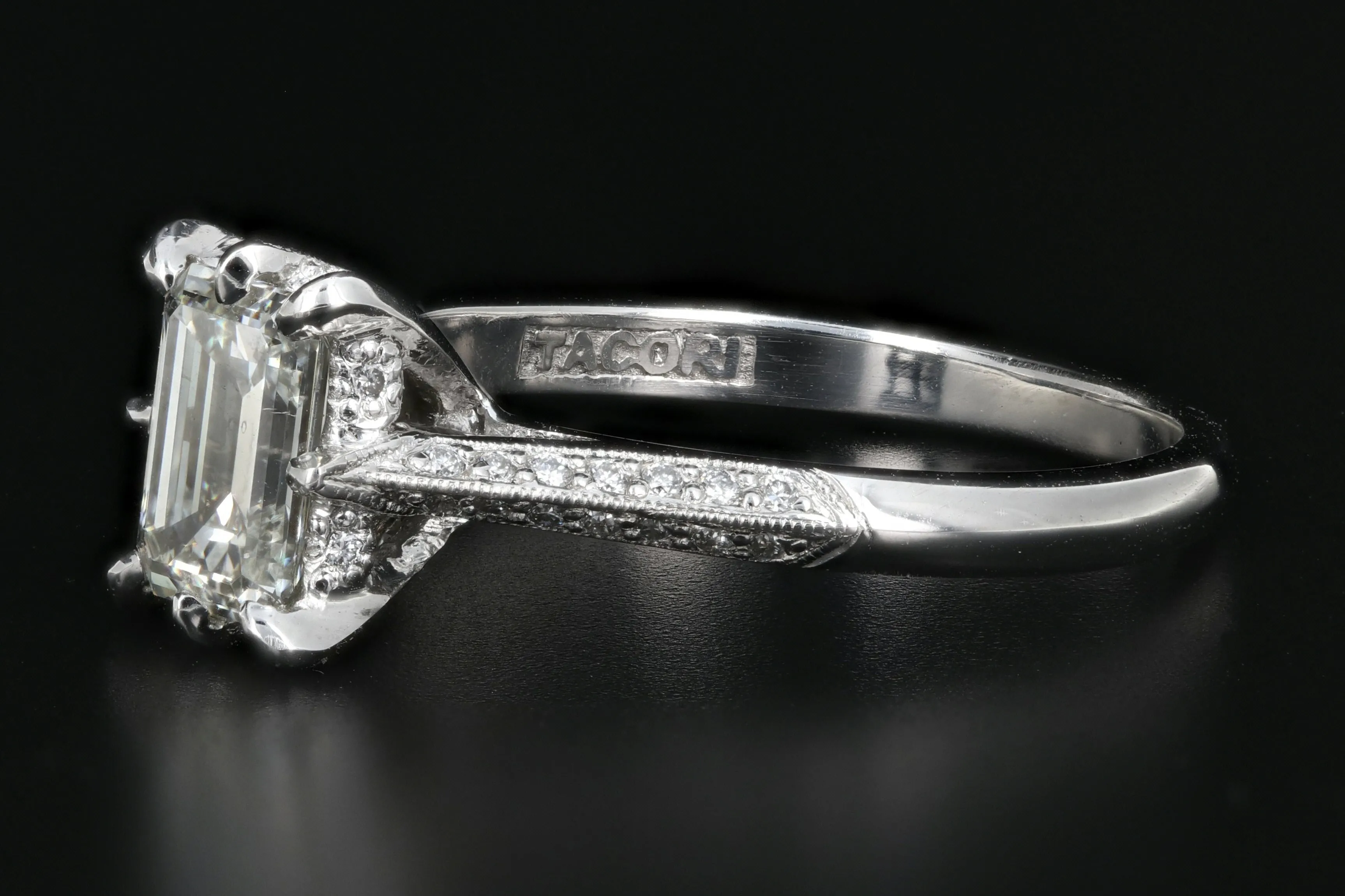Tacori 18K White Gold .91 Carat Emerald Cut Diamond Ring GIA Certified